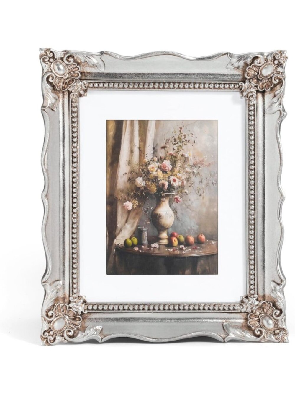 Vintage 8x10 Picture Frame with Embossed Flowers, Silver Ornate Home Decor